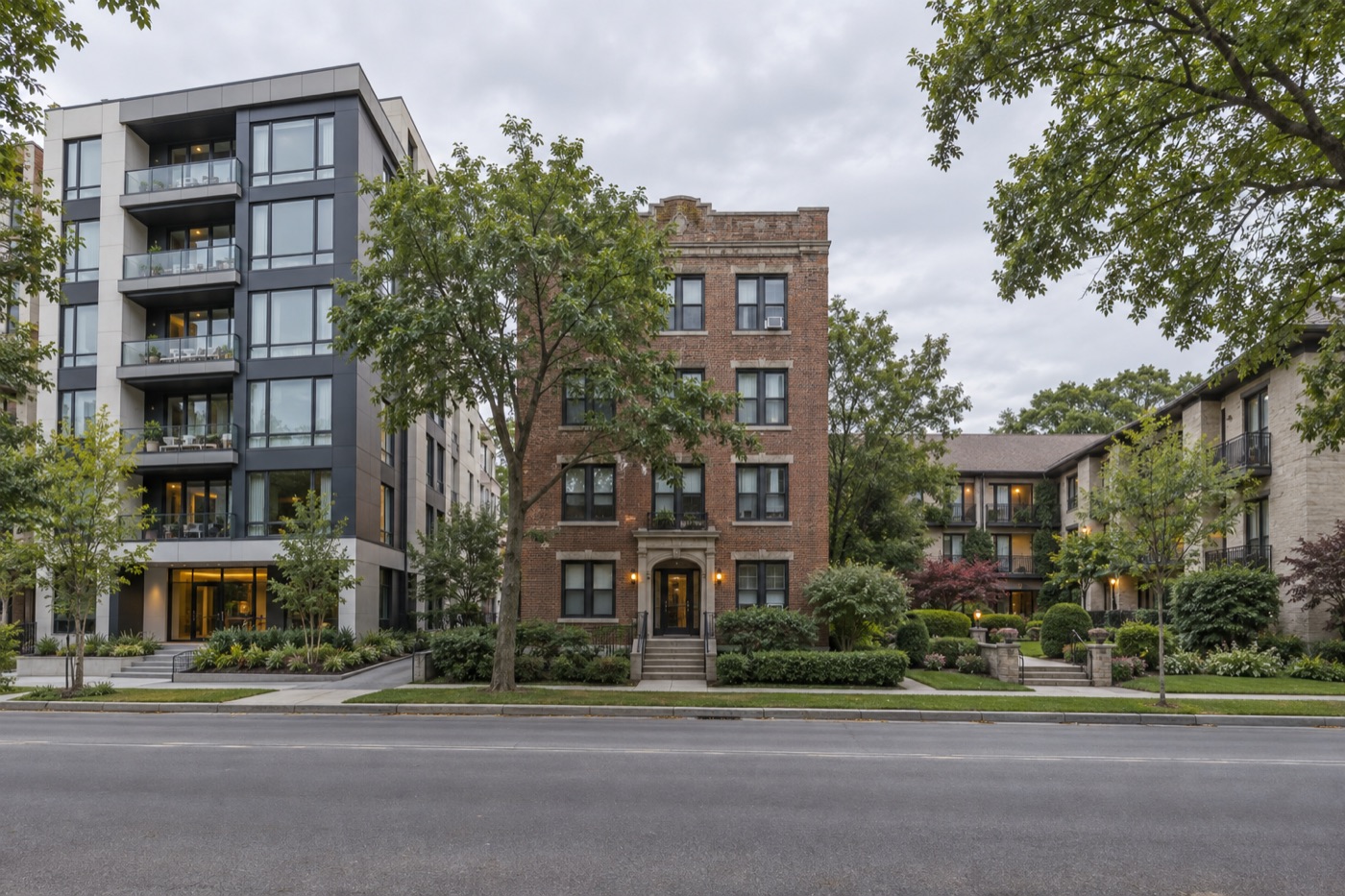 Three styles of apartment buildings on a tree-lined street