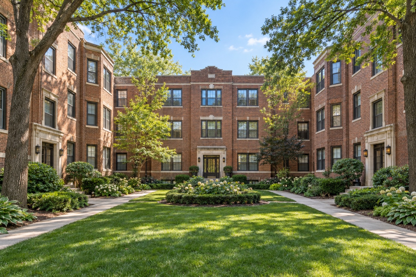 Brick garden-style apartment complex, the type of property owners refinance with multifamily debt