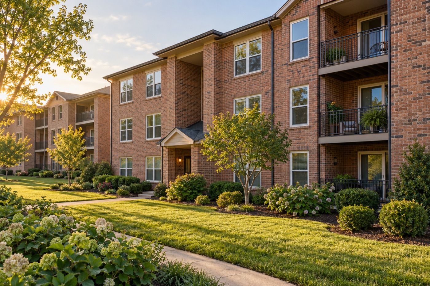 Garden-style brick apartment complex partway through an exterior renovation
